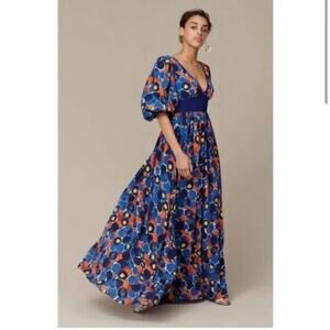 STAUD Affogato Retro Puff Sleeve Deep V-Neck Maxi Dress Size 4 Blue #2G452